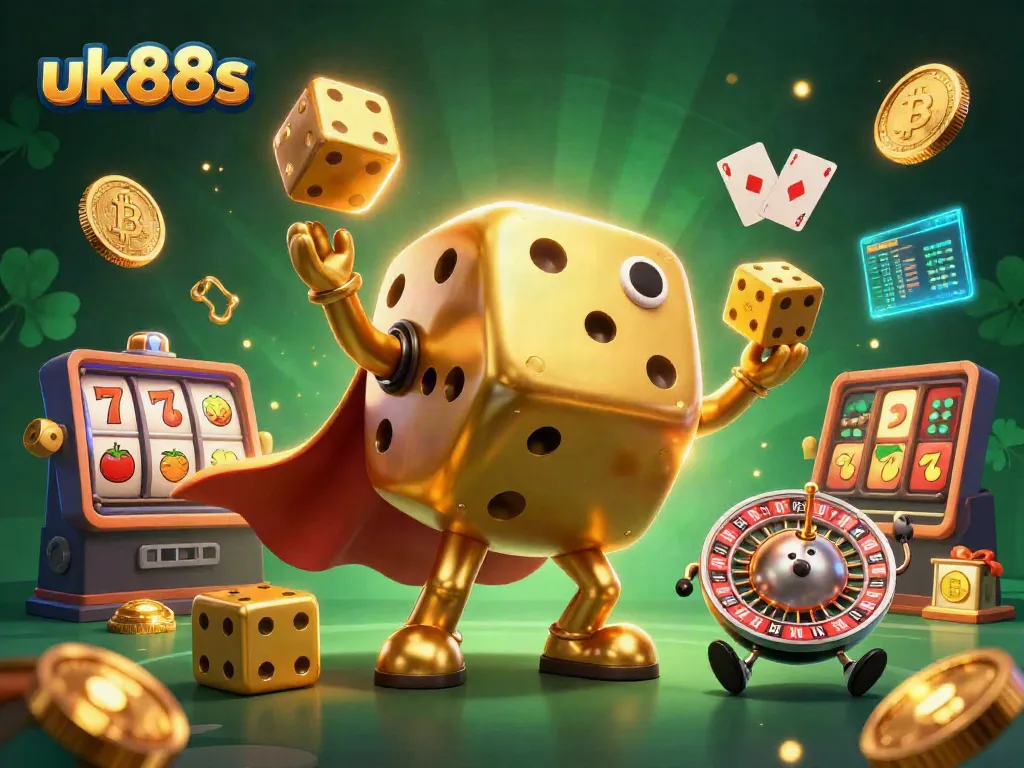 Engage with uk88s through exciting casino elements, showcasing a vibrant 3D dice golem and game symbols.