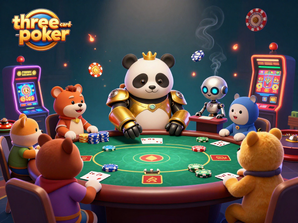 Engage with three-card-poker at a lively casino table managed by a mech-suit panda in a vibrant atmosphere.