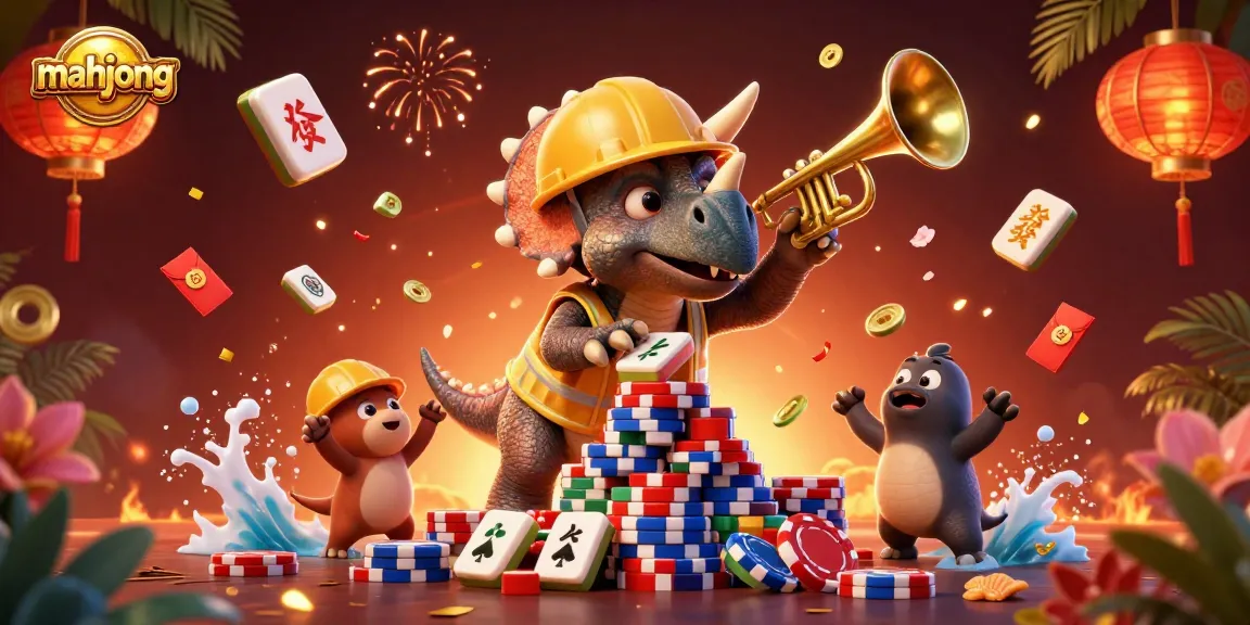 Engage in Mahjong with cheerful characters amidst festive tiles and decorations in a vibrant casino-themed scene.