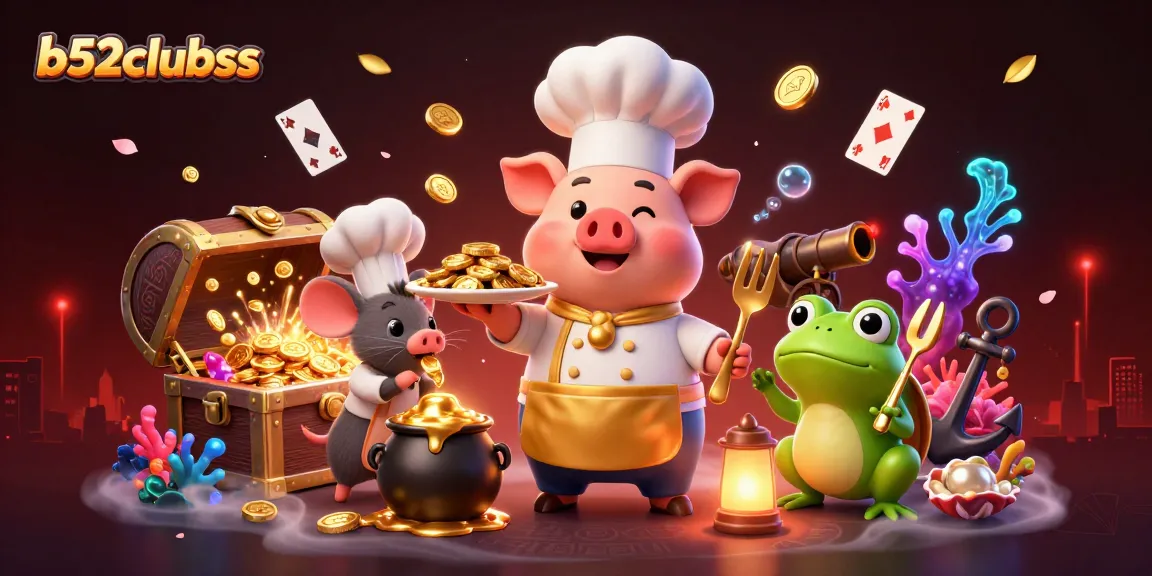 B52clubss showcases a vibrant 3D scene with characters and treasures engaging in gambling excitement, featuring a chef pig serving gold.