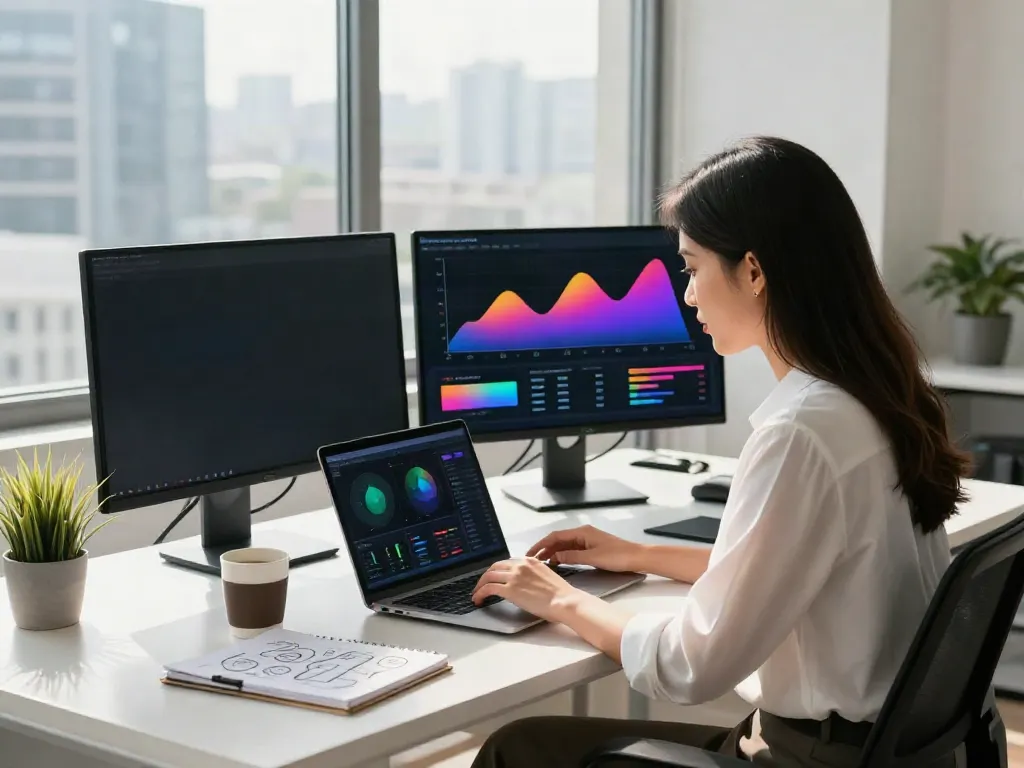 Professional woman analyzing data while using this link in a modern office environment.