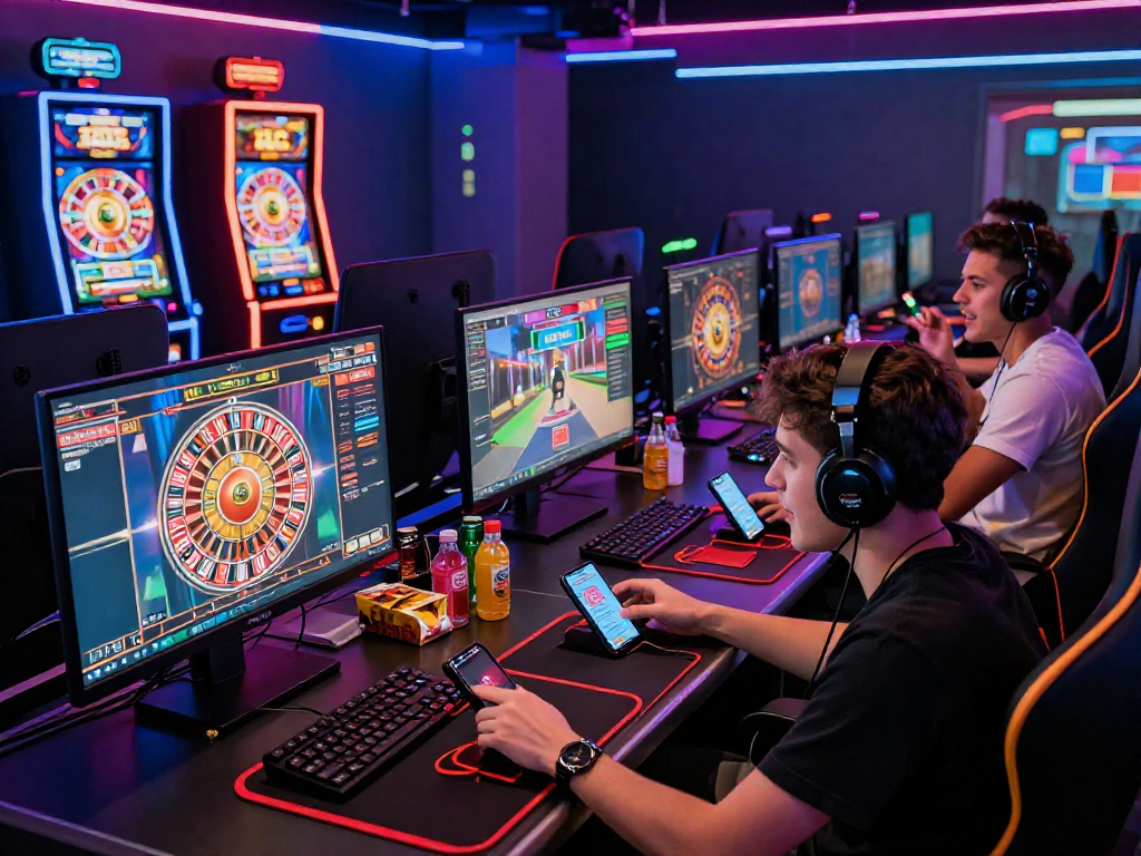 Dynamic crypto casino scene with players engaged in online gaming, vibrant colors and interactive experience.