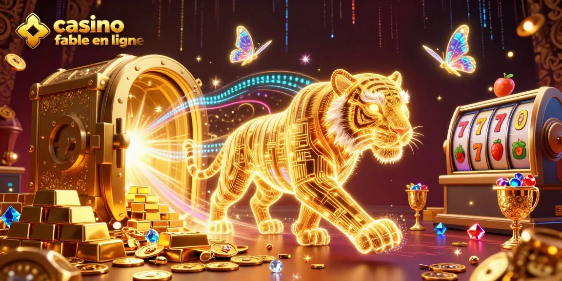 Illustration colorée de casino fiable en ligne avec un tigre lumineux et des symboles de machine à sous.