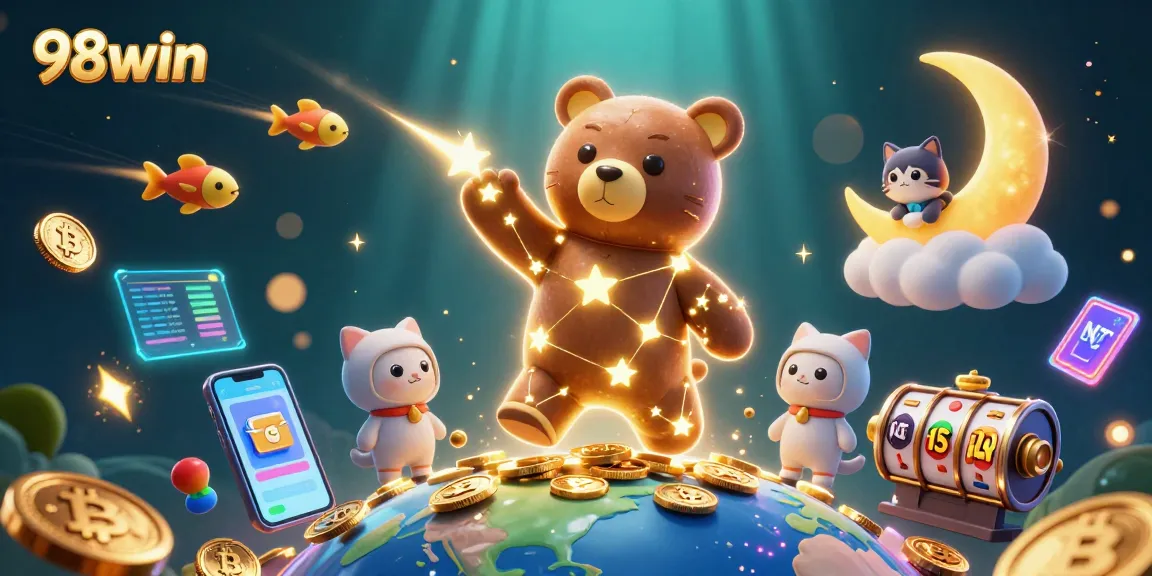 Join the excitement at 98win, where a constellation bear scoops coins with thrilling casino games in a magical atmosphere.