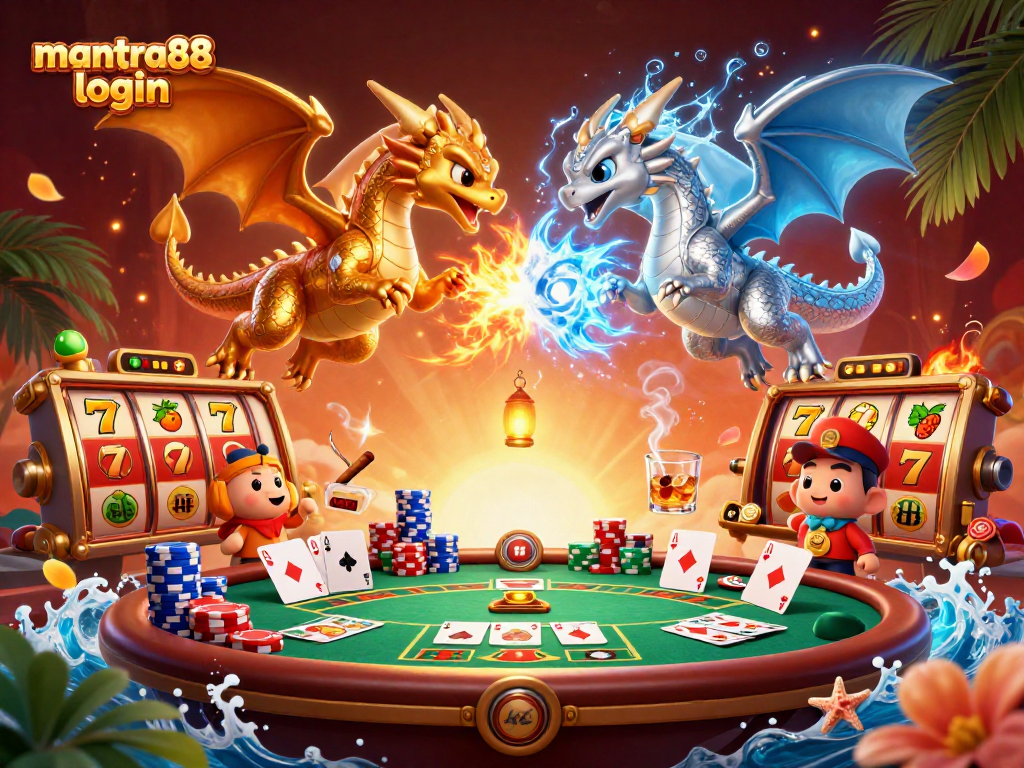 Experience the thrill at mantra88 login with dynamic dragons and casino elements in this captivating scene.