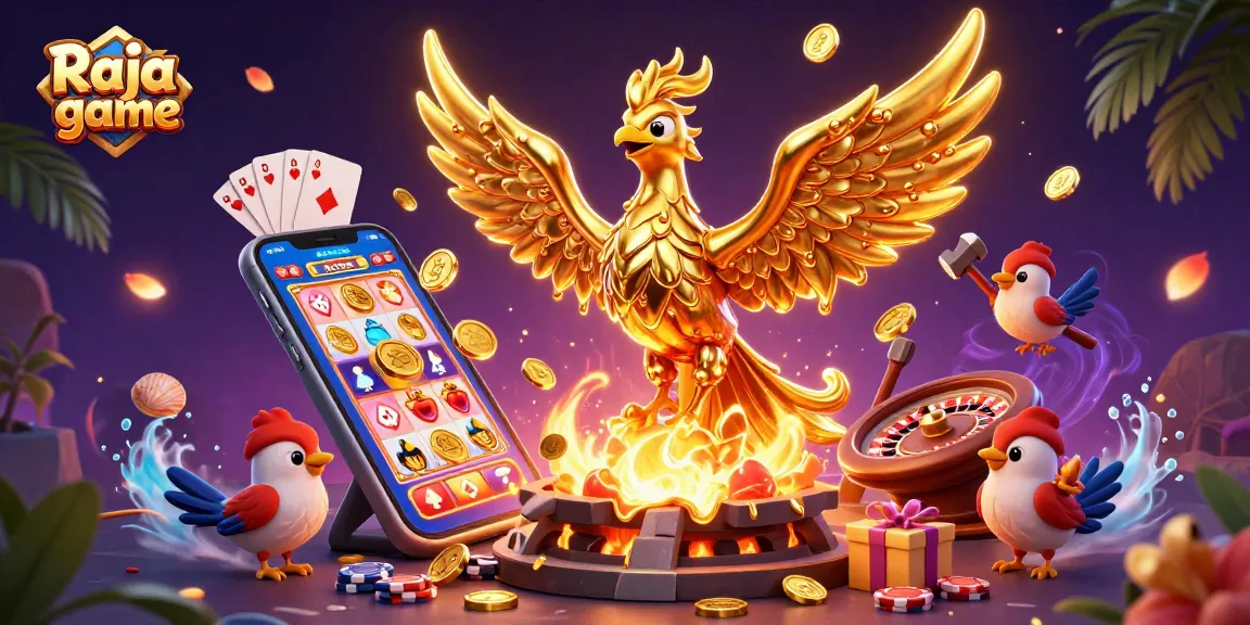 Experience thrilling wins with Raja game in this vibrant 3D casino illustration featuring dynamic game elements.