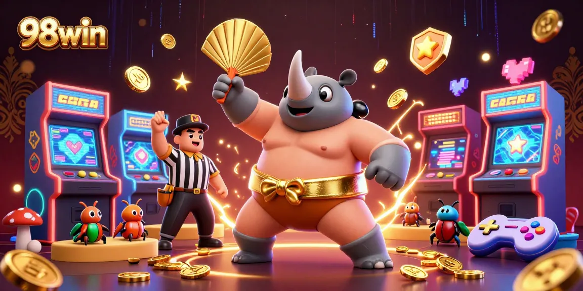 Experience 98win with a thrilling 3D scene showcasing a sumo beetle champion amidst golden coins and gaming excitement.