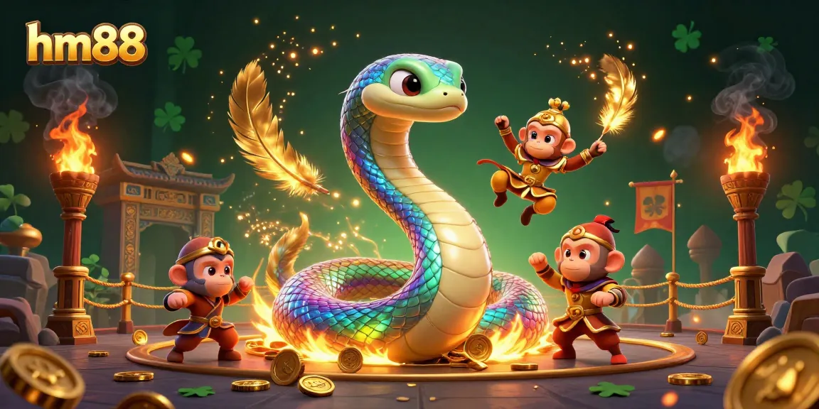 Engage with hm88's vibrant casino experience featuring a mesmerizing rainbow serpent in an energetic scene.