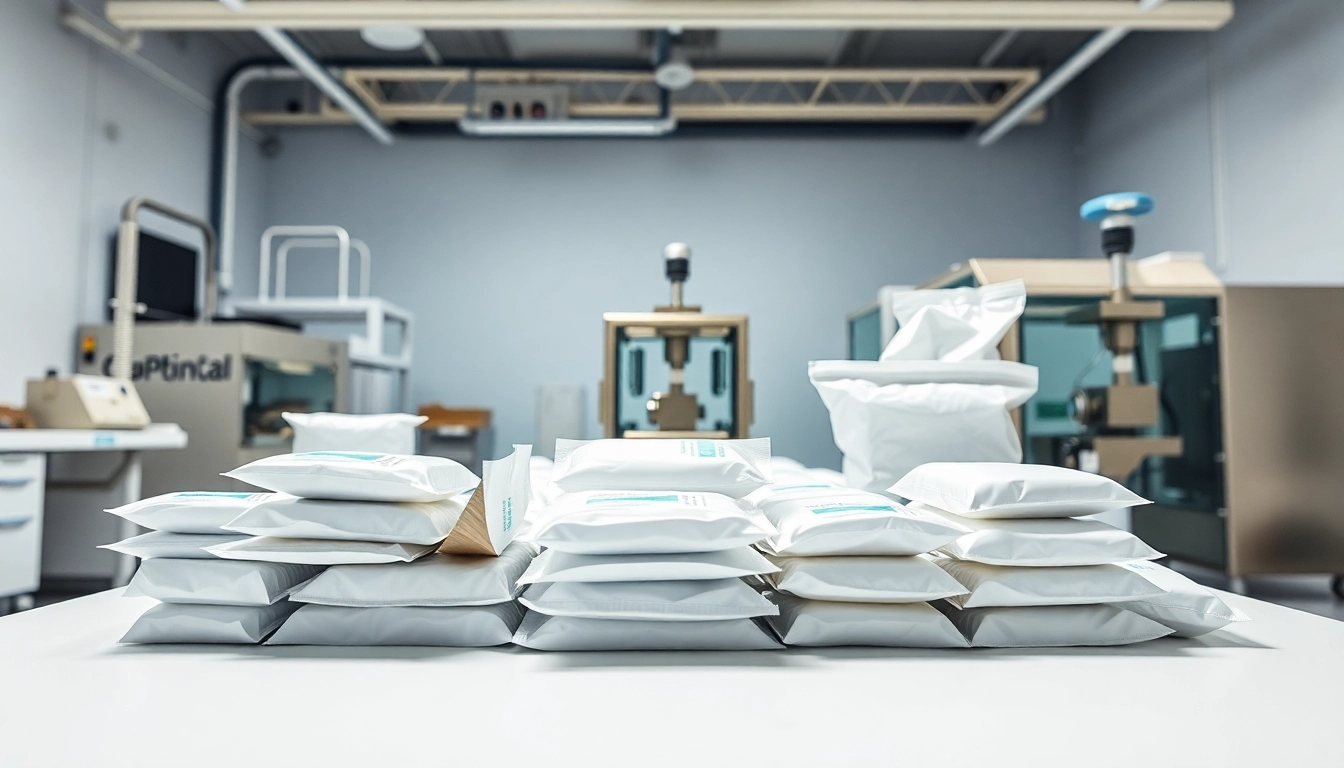 Showcasing pharmaceutical packaging services with modern materials and equipment in a bright lab.