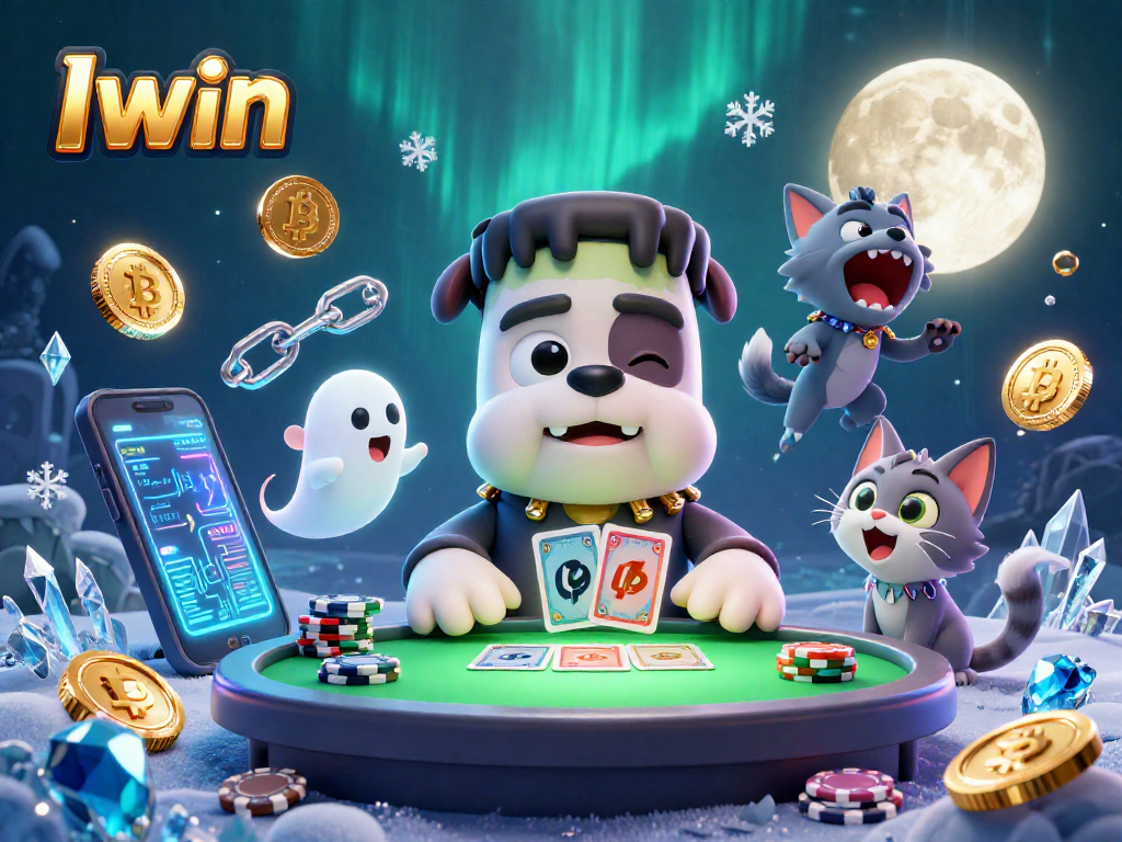 Iwin and exciting gameplay with a cartoon bulldog dealer and crypto elements at a lively casino table.