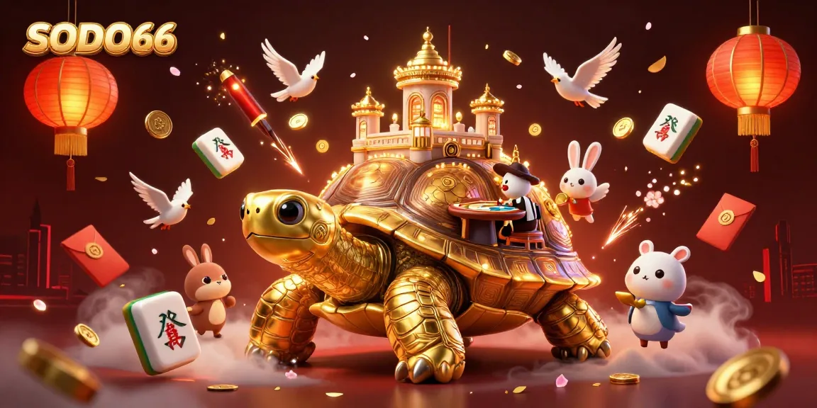 SODO66 captivates with a festive casino scene featuring a golden tortoise, card dealer, and vibrant game elements.