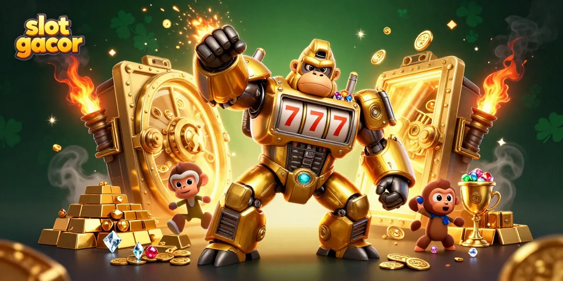 Experience thrilling slot gacor action with a golden gorilla mech amidst treasure and vibrant casino elements.