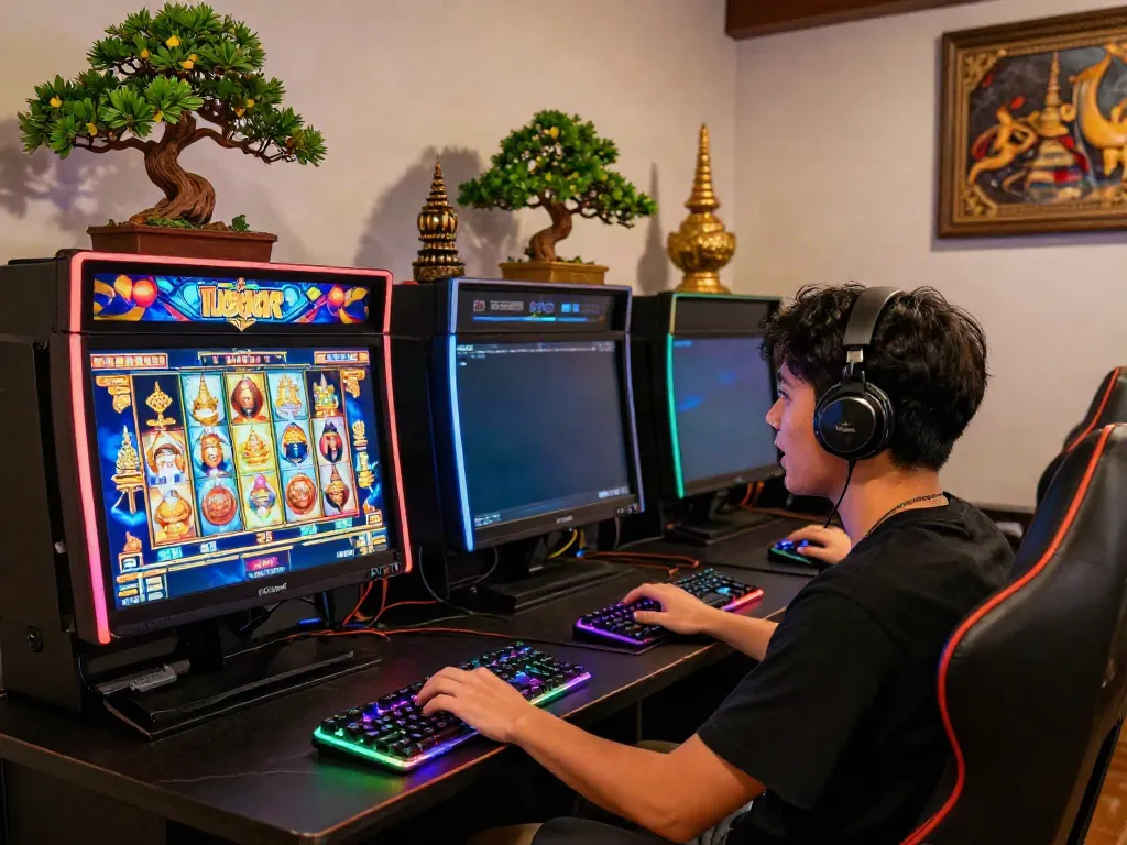 Player enjoying slot thailand games in immersive gaming setup.