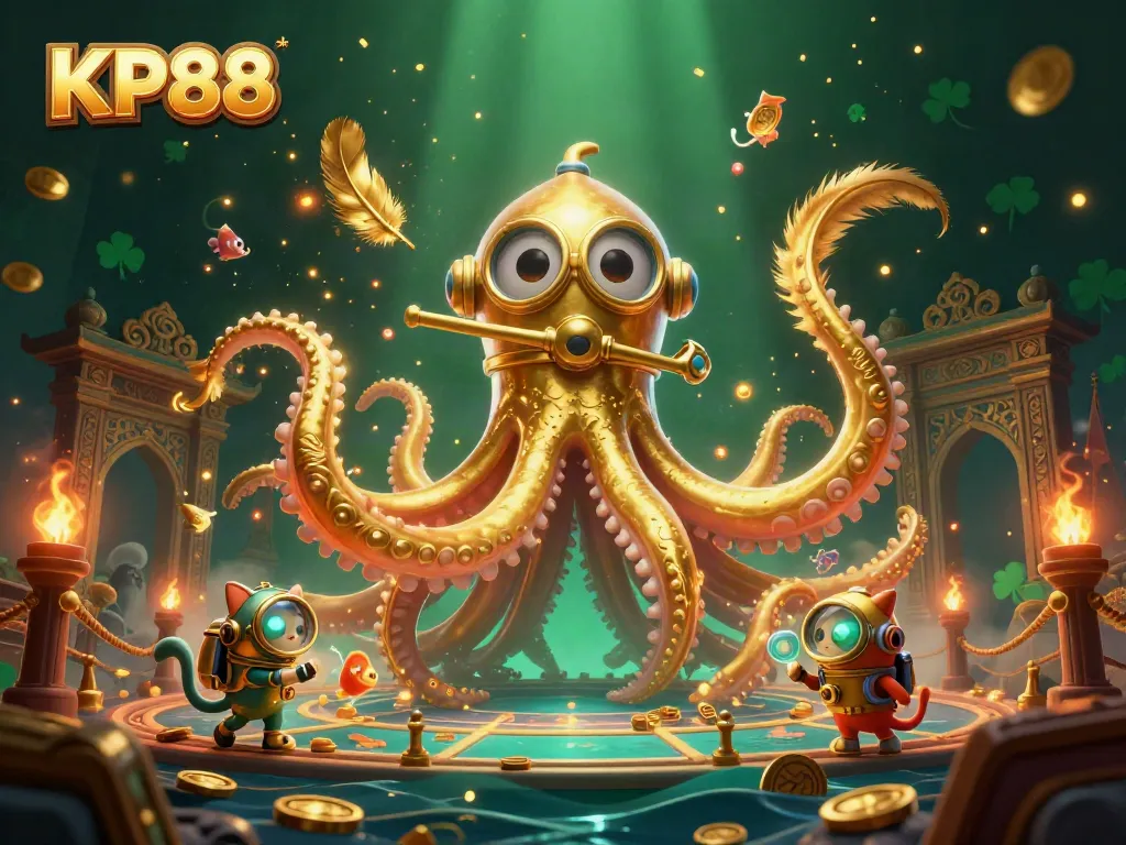 Experience the thrill of KP88 gaming with a captivating kraken and diving cat illustration in a treasure-filled ocean.