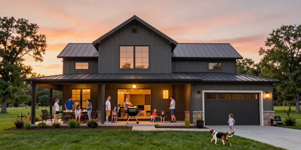 Beautiful exterior of a BM2500 barndominium with family enjoying sunset.