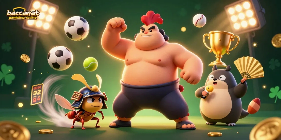 Baccarat-gambling-online showcases a thrilling scene with a powerful sumo rooster, fierce samurai cricket, and tanuki announcer amidst action-packed gaming elements.