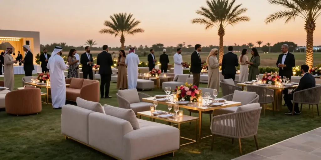 Event furniture rental setup with elegant furniture in outdoor setting for a luxurious gathering.