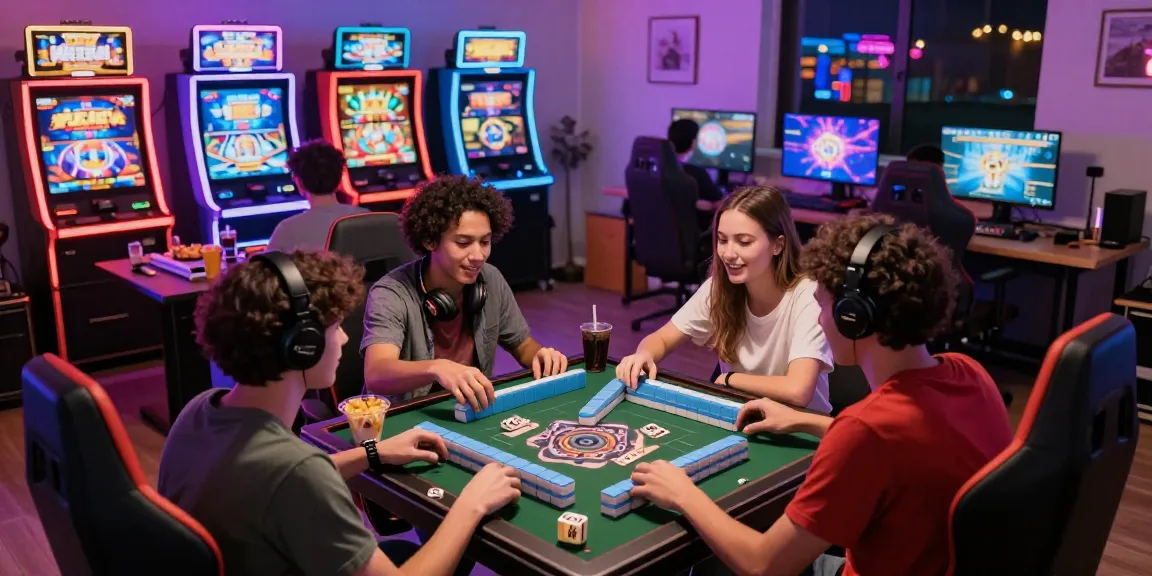 Slot Gacor MAHJONGJP88 gaming scene with players enjoying Mahjong and colorful slot machines in a lively home setup.