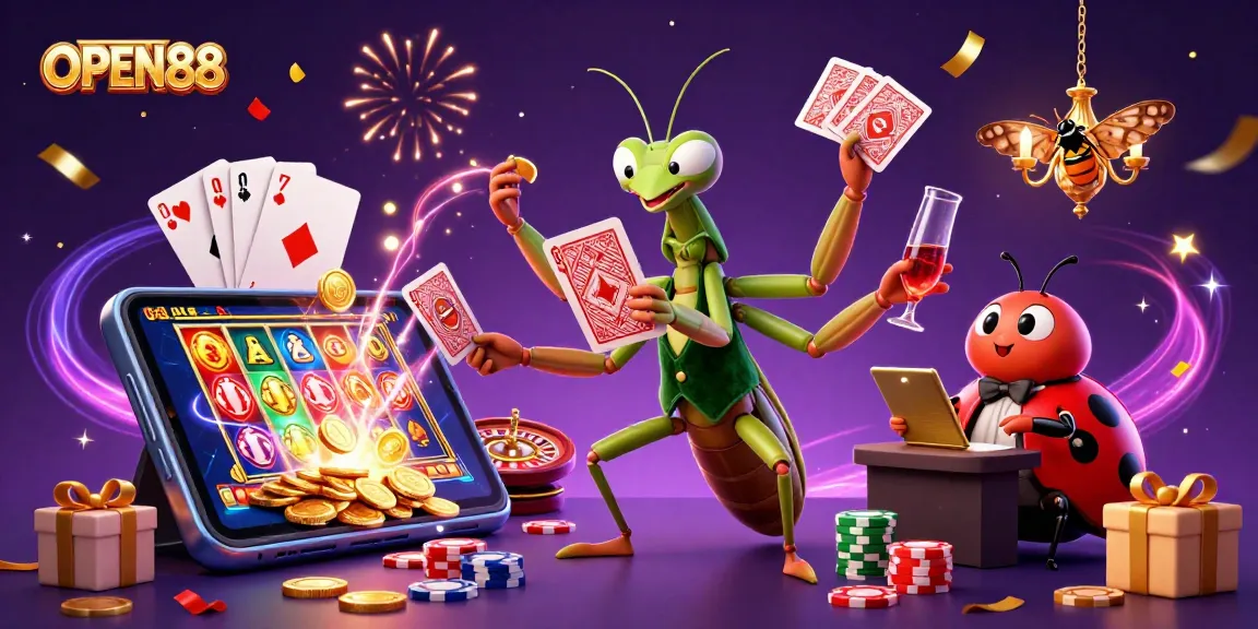 Experience the excitement of OPEN88 with a vibrant 3D casino scene featuring a giant mantis and fun game elements.