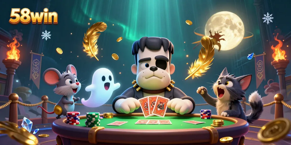 Experience thrilling gameplay with the 58win mascot enjoying poker at a spooky casino table.