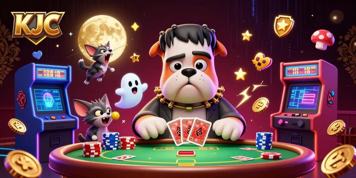 KJC-themed illustration of a Frankenstein bulldog dealing poker, surrounded by colorful gaming elements