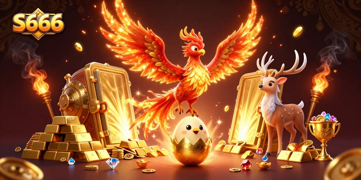 S666 features a phoenix and mythical stag amidst golden treasures, energizing the online casino experience.