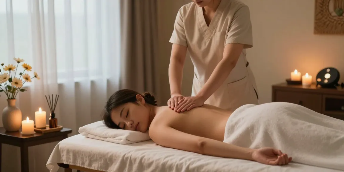 마사지 중인 고객과 테라피스트의 모습, 아늑한 스파 환경에서 편안한 휴식을 즐기는 장면