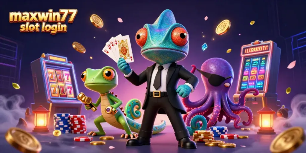 Experience the thrill of maxwin77 slot login with a vibrant casino scene featuring a secret agent chameleon and his companions.