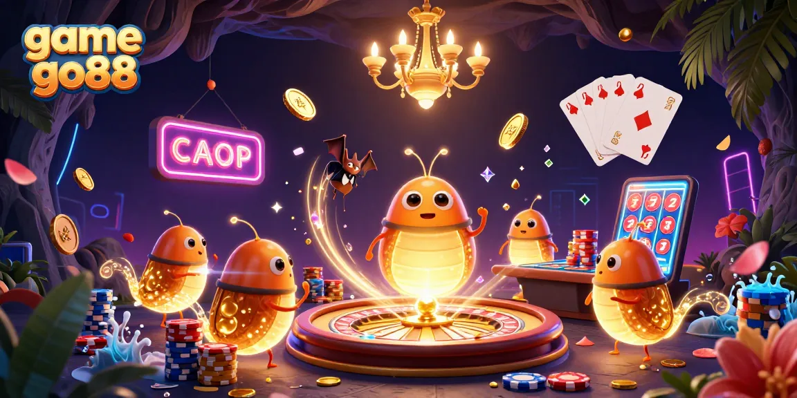 Experience game go88 in a vibrant cave casino with glowworms lighting the tables and a bat dealer.