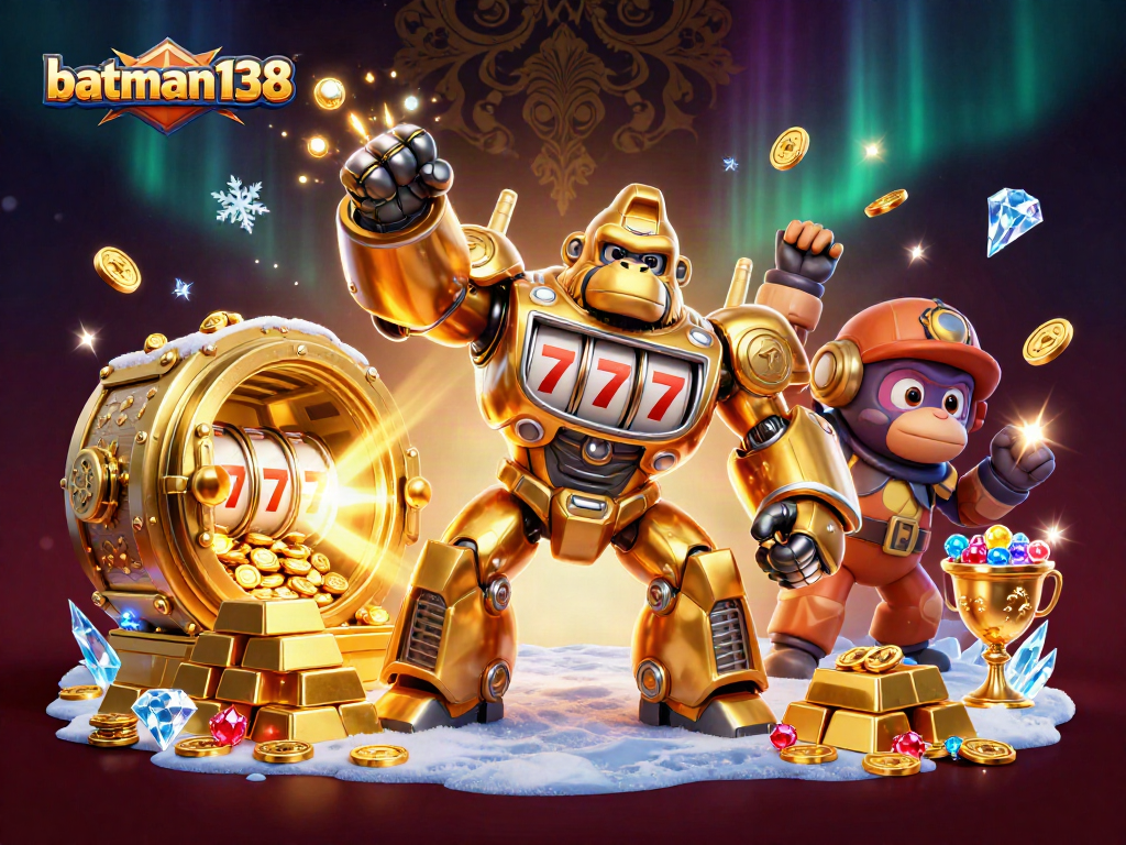 Spin to win at batman138 with a dynamic 3D illustration showcasing a golden gorilla mech and riches.
