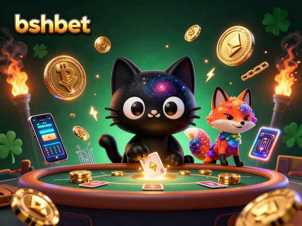 bshbet's cosmic casino scene showcasing engaging characters with crypto elements and vibrant visuals