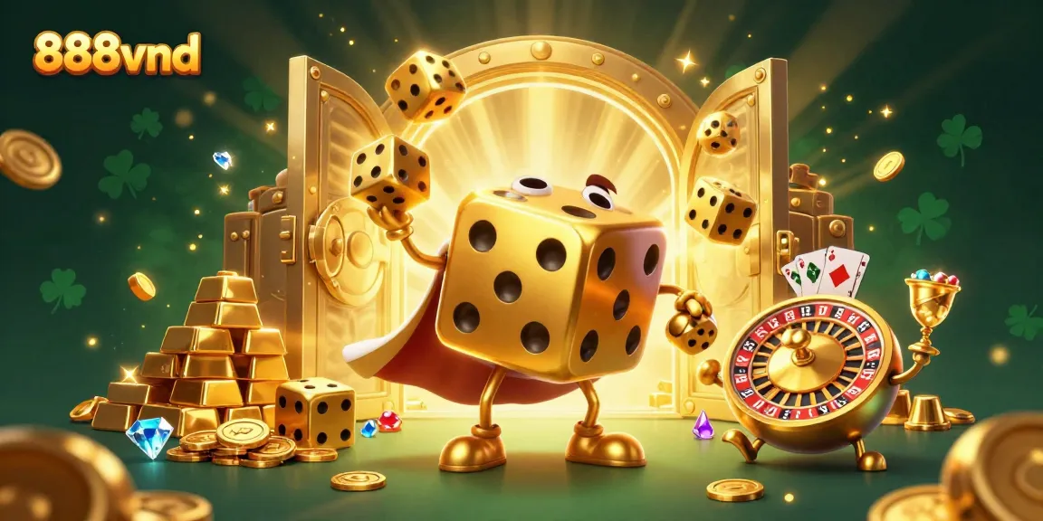 Experience thrilling 888vnd gameplay with dynamic golden dice and treasures in a vibrant casino scene.