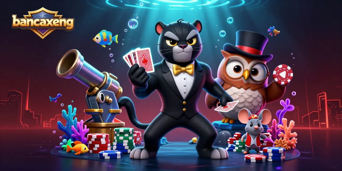 Experience the excitement of bancaxeng as a stylish panther deals cards alongside charming characters, all themed around exciting fish shooting adventures.
