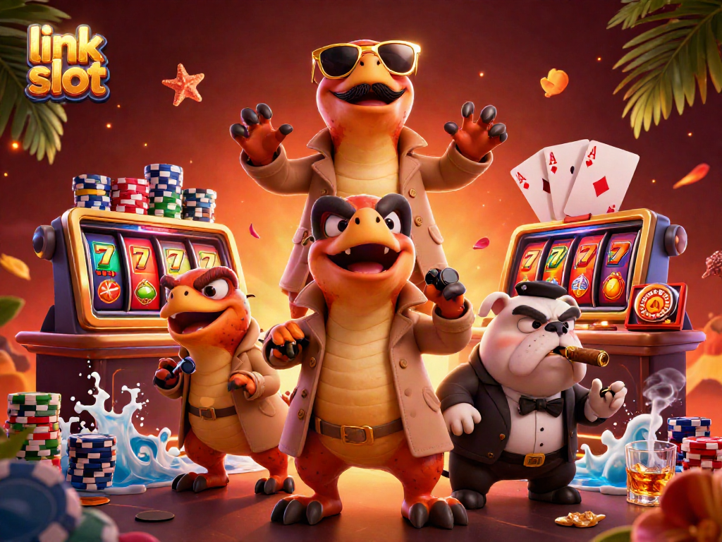 Experience thrilling link slot action with raptors in a trench coat at a vibrant casino lounge.