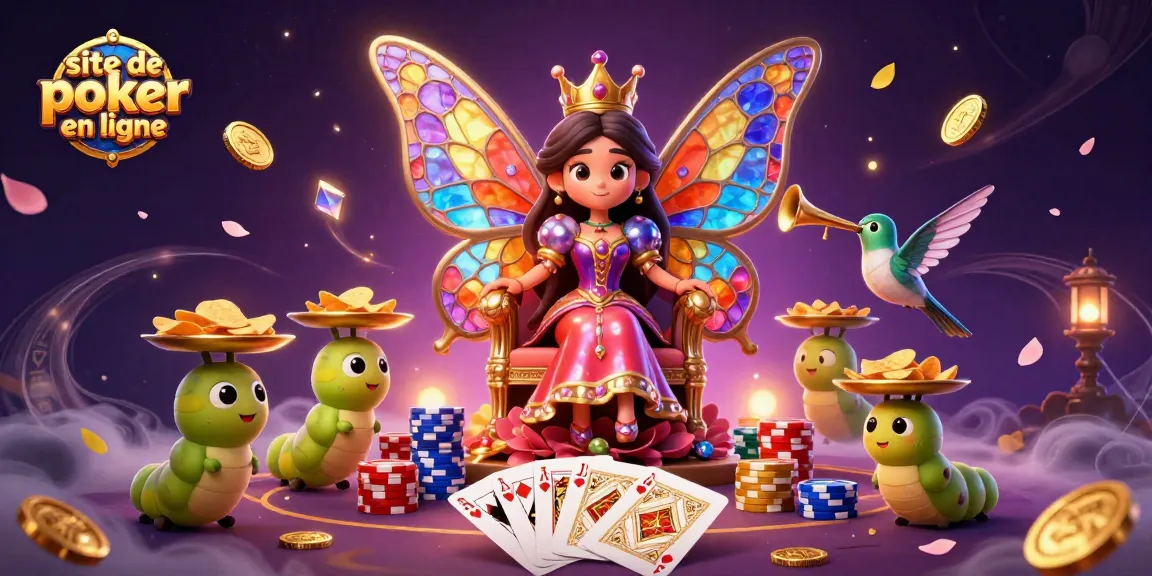 Site de poker en ligne : illustration 3D d'une reine papillon au poker entourée de jetons et cartes