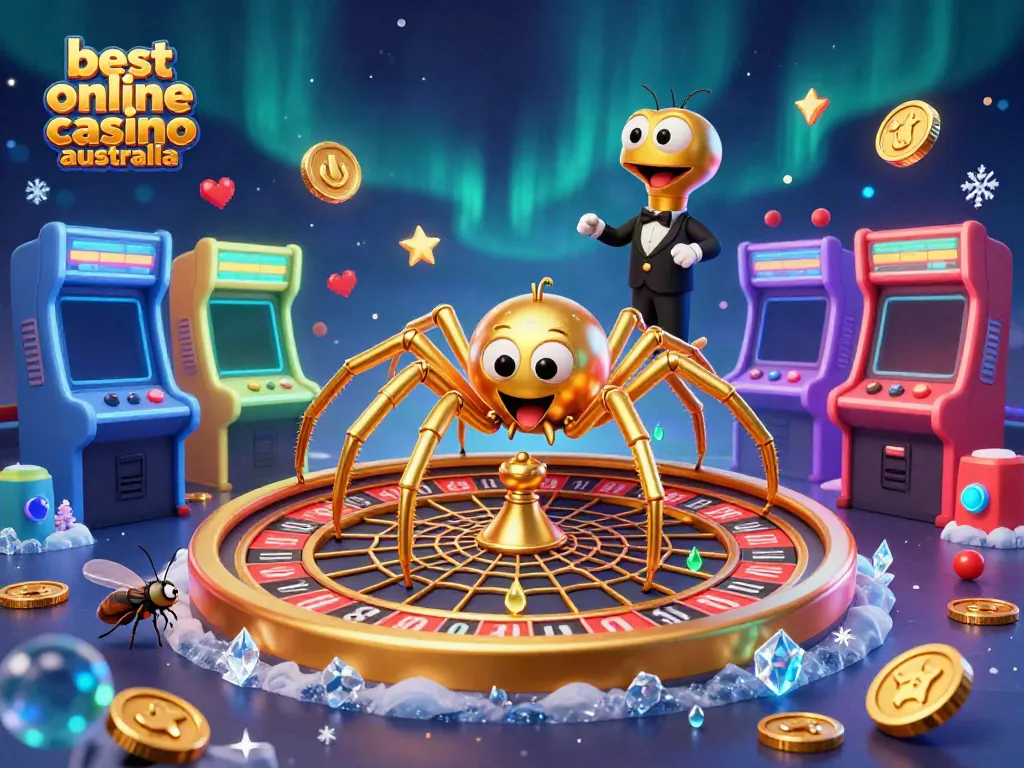Best online casino Australia scene featuring a golden spider and centipede croupier spinning a roulette wheel web.