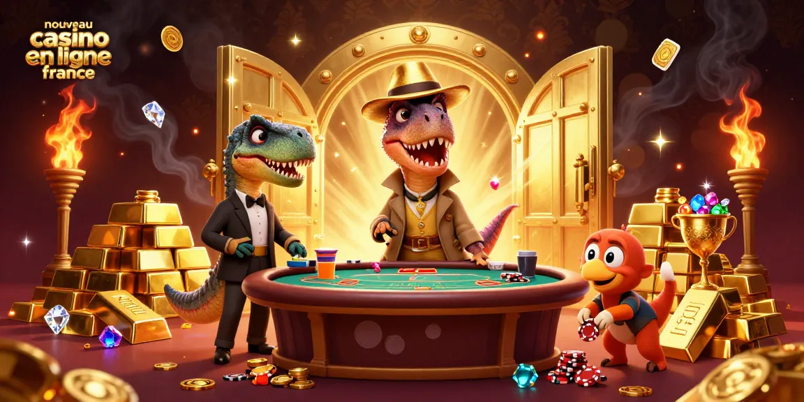 Cliquez pour gagner avec nouveau casino en ligne france, illustré par un vélociraptor à une table de blackjack.