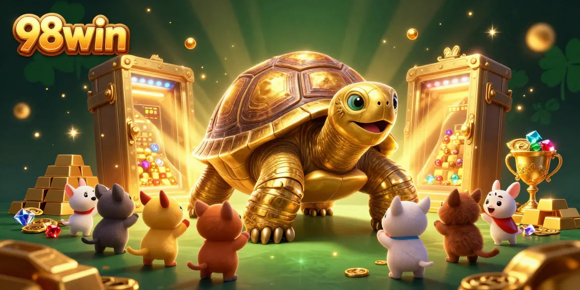 Play and win big at 98win with exciting casino games featuring golden tortoise and treasures.
