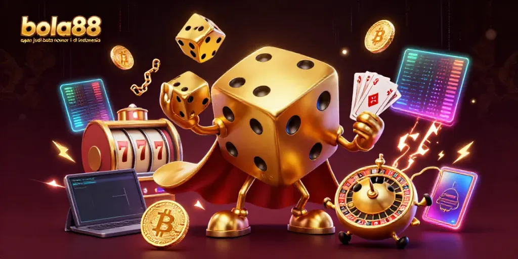 Bola88 agen judi bola nomor 1 di indonesia showcasing a vibrant 3D casino scene with golden dice and slot elements.