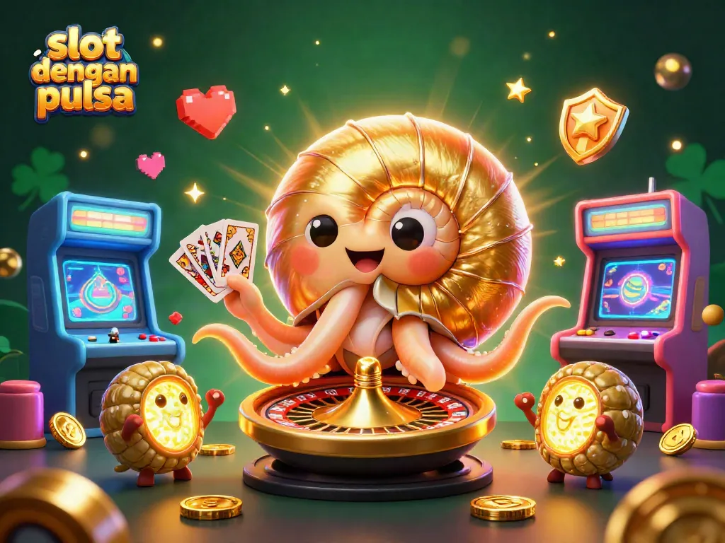 Spin and win with slot dengan pulsa on vibrant 3D gaming machines in an engaging casino illustration.