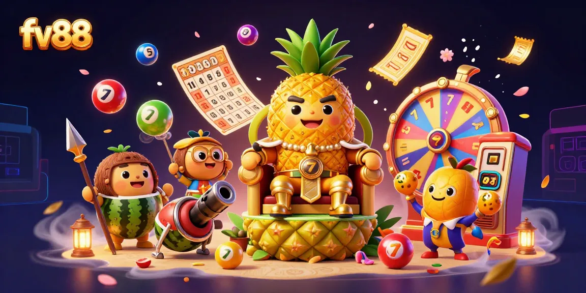 Join the action at fv88 with vibrant slot elements and a golden pineapple king in a lively casino scene.