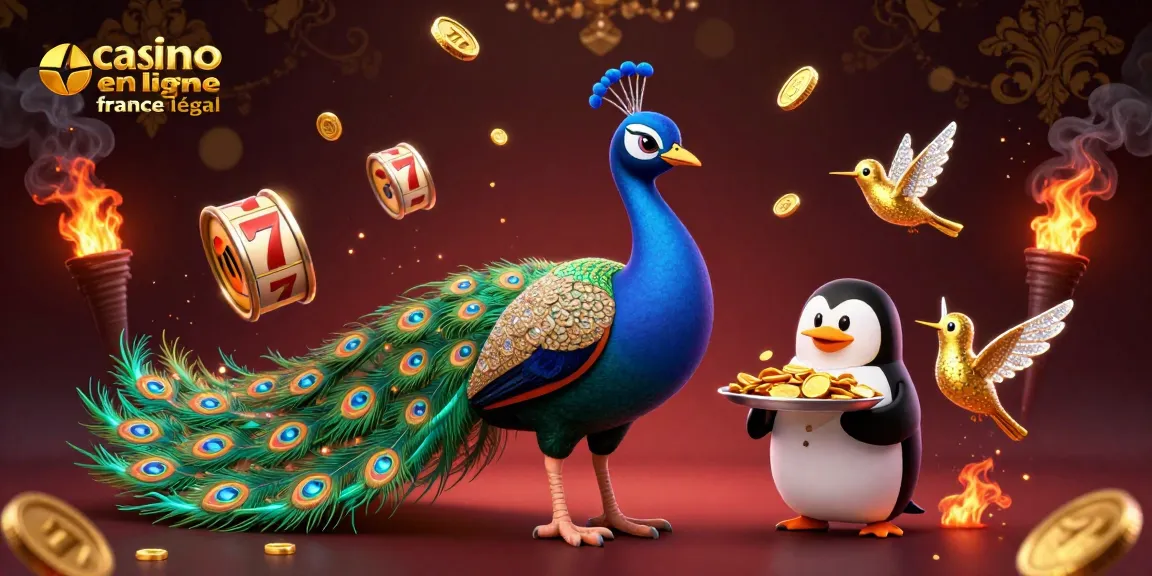 Profitez de jeux dans un casino en ligne légal en France avec des illustrations captivantes, comme un paon aristocratique.