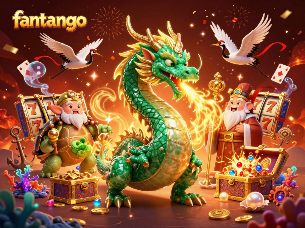 Engage with FanTango's vibrant gaming scene featuring a dragon, turtle, and lucky cranes.