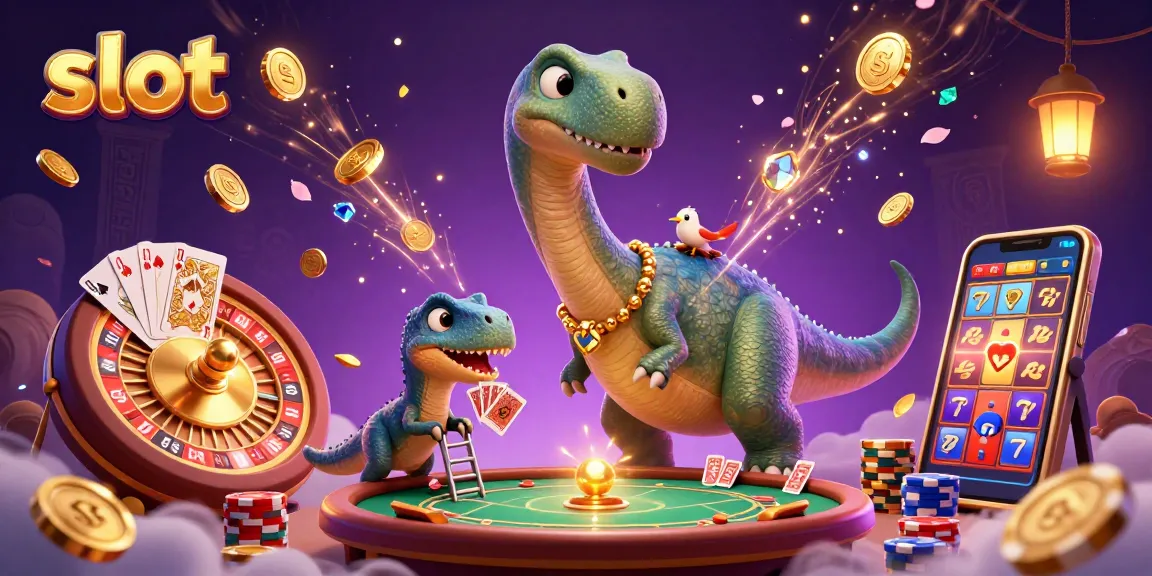 Experience exciting slot action with a vibrant brontosaurus and raptor dealer in a packed casino scene.