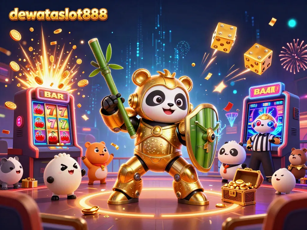 Permainan slot gacor dewataslot888 penuh kran jackpot yang berkilau dengan panda emas bertarung dalam ajang penuh kegembiraan.