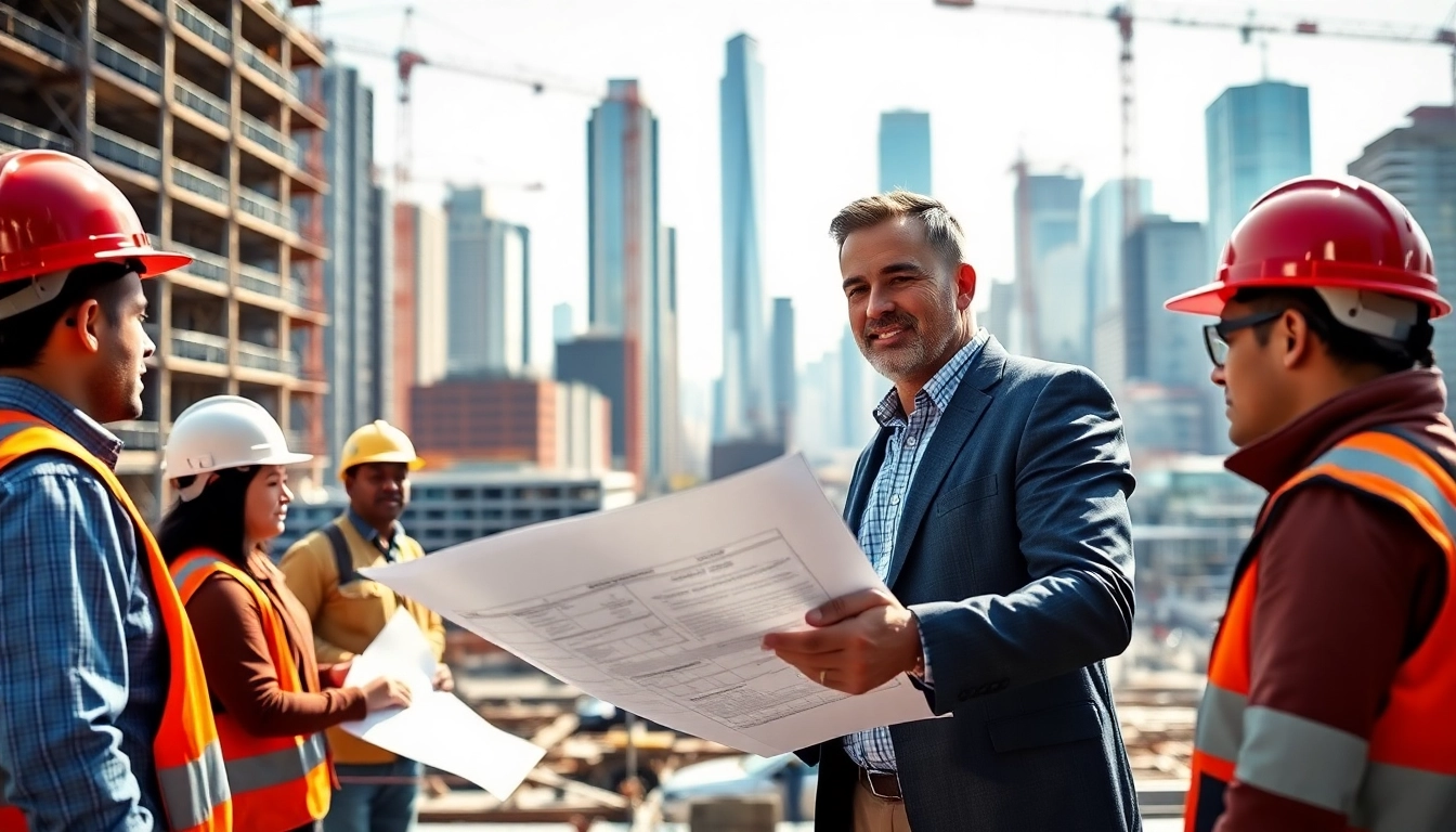 Manhattan Construction Manager directing urban construction project with skyline backdrop.