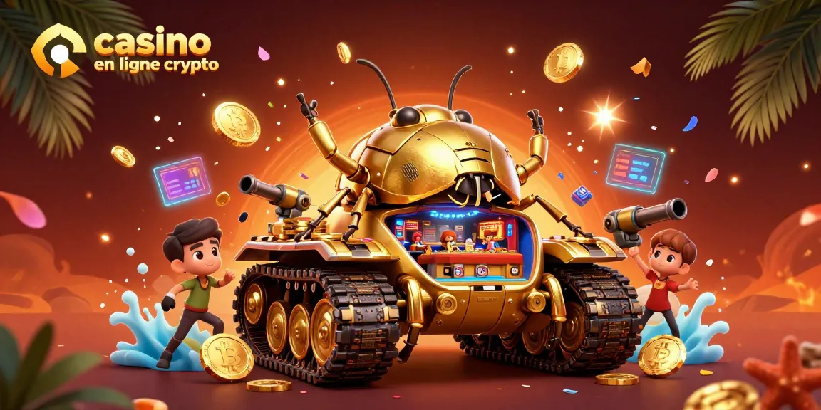 Plongez dans le monde du casino en ligne crypto avec une illustration dynamique d'un tank scarabée doré.