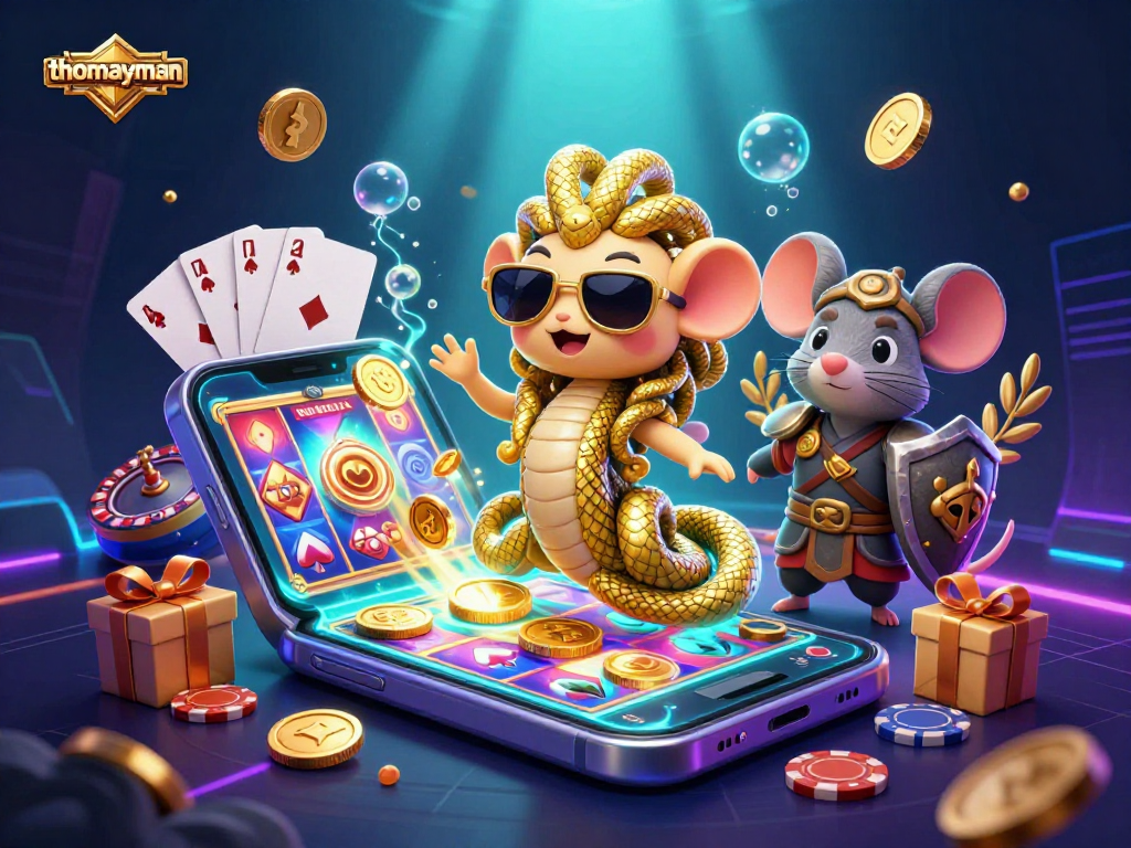 Play exciting slots with thomayman as golden coins and cards spill from a 3D smartphone in a vibrant scene.