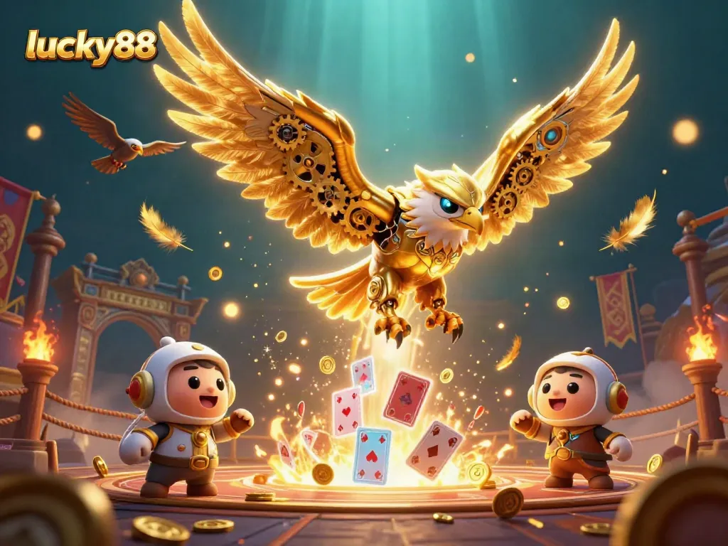 Engage in exciting gaming adventures with lucky88, featuring a vibrant scene of a golden eagle, holographic cards, and dynamic casino elements.