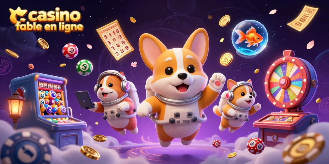 Jouez à des jeux captivants dans un casino fiable en ligne, avec un corgi astronaute flottant et des éléments de loterie.